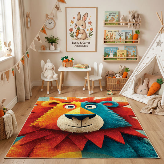 Colorful geometric lion rug angled view with wooden furniture