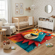 Colorful geometric lion rug shown near a reading corner