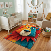 Colorful geometric lion rug styled with soft nursery decor