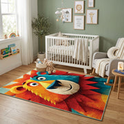 Colorful geometric lion rug displayed in a colorful play space