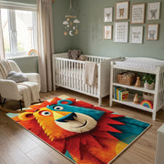 Colorful geometric lion rug wide room view in a modern nursery
