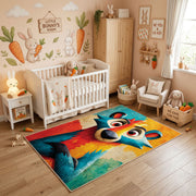 Colorful geometric wolf rug styled in a bright nursery