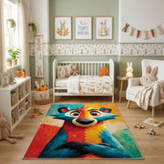 Colorful geometric wolf rug shown beside a child's bed