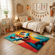 Colorful geometric wolf rug centered in a cozy playroom