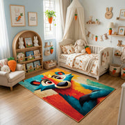 Colorful geometric wolf rug displayed in a warm kids bedroom