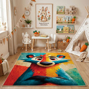 Colorful geometric wolf rug angled view with wooden furniture