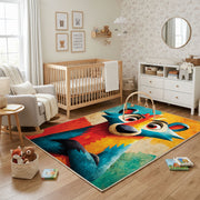 Colorful geometric wolf rug shown near a reading corner