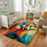 Colorful geometric wolf rug styled with soft nursery decor
