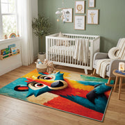 Colorful geometric wolf rug displayed in a colorful play space