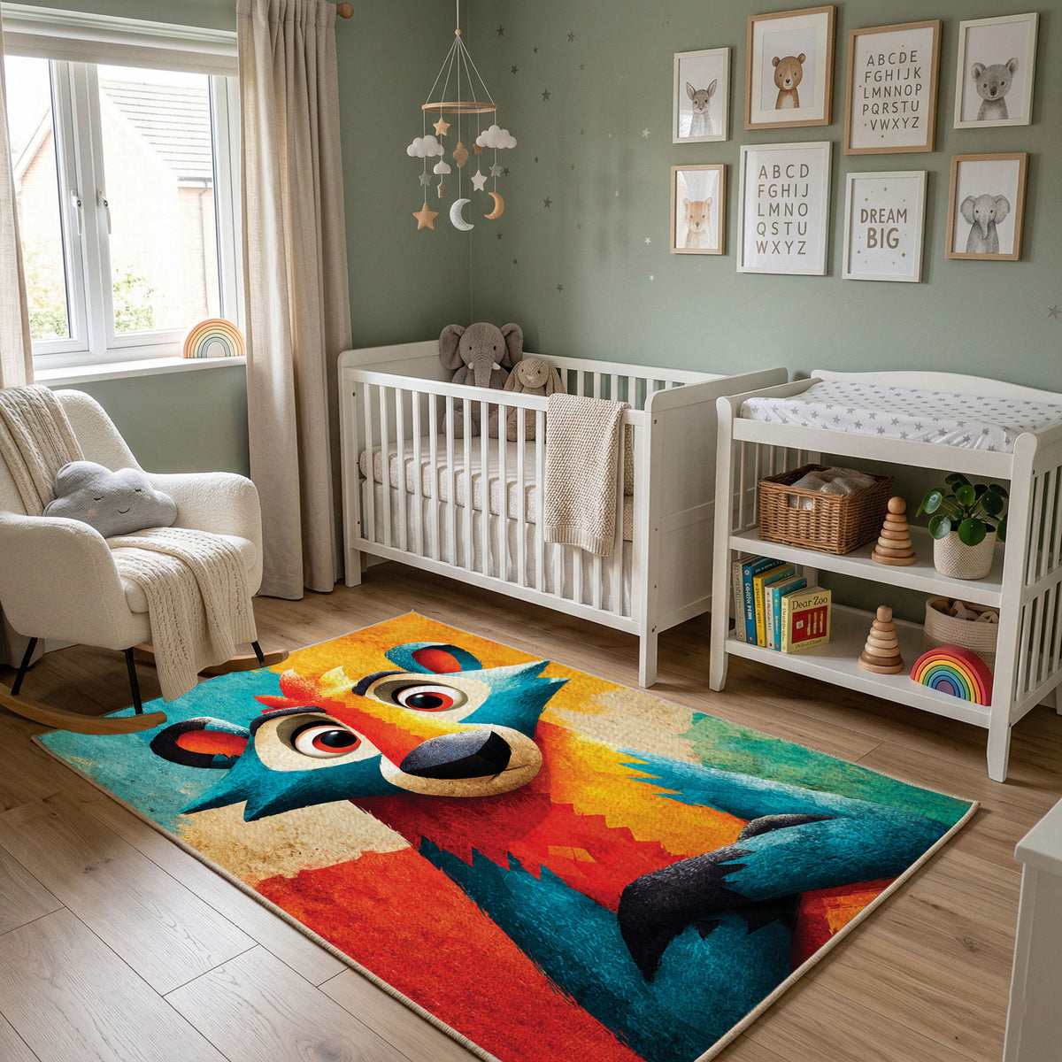 Colorful geometric wolf rug wide room view in a modern nursery