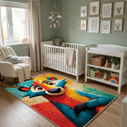 Colorful geometric wolf rug wide room view in a modern nursery