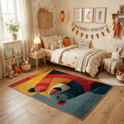Colorful geometric toucan rug centered in a cozy playroom