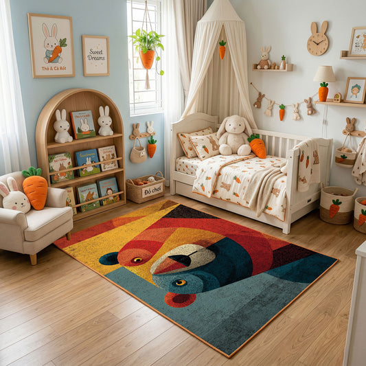 Colorful geometric toucan rug displayed in a warm kids bedroom