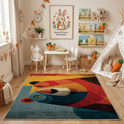 Colorful geometric toucan rug angled view with wooden furniture