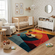 Colorful geometric toucan rug shown near a reading corner