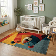 Colorful geometric toucan rug displayed in a colorful play space