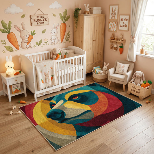 Colorful geometric chameleon rug styled in a bright nursery