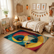 Colorful geometric chameleon rug centered in a cozy playroom