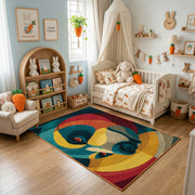 Colorful geometric chameleon rug displayed in a warm kids bedroom