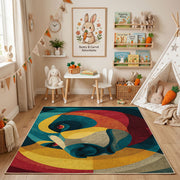 Colorful geometric chameleon rug angled view with wooden furniture