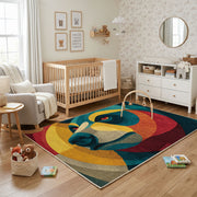 Colorful geometric chameleon rug shown near a reading corner