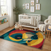Colorful geometric chameleon rug displayed in a colorful play space