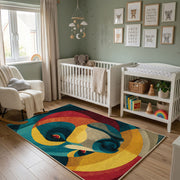 Colorful geometric chameleon rug wide room view in a modern nursery