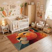 Colorful geometric lion rug styled in a bright nursery