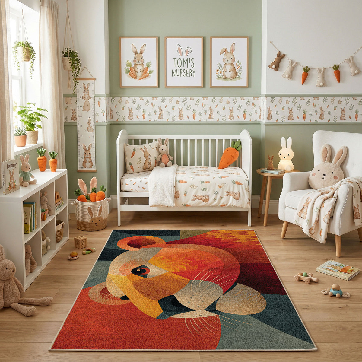 Colorful geometric lion rug shown beside a child's bed
