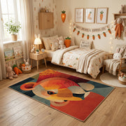 Colorful geometric lion rug centered in a cozy playroom