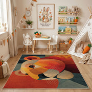 Colorful geometric lion rug angled view with wooden furniture