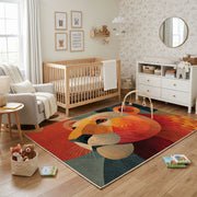 Colorful geometric lion rug shown near a reading corner