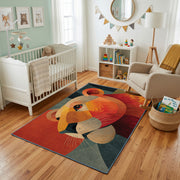 Colorful geometric lion rug styled with soft nursery decor