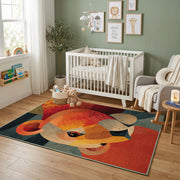 Colorful geometric lion rug displayed in a colorful play space
