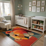 Colorful geometric lion rug wide room view in a modern nursery
