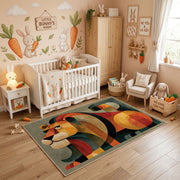 Colorful geometric toucan rug styled in a bright nursery