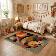 Colorful geometric toucan rug centered in a cozy playroom