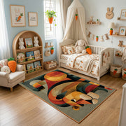 Colorful geometric toucan rug displayed in a warm kids bedroom