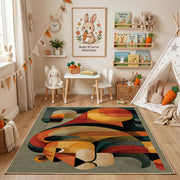 Colorful geometric toucan rug angled view with wooden furniture