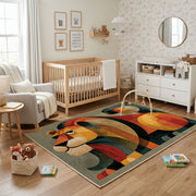 Colorful geometric toucan rug shown near a reading corner