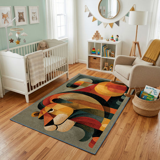 Colorful geometric toucan rug styled with soft nursery decor