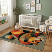 Colorful geometric toucan rug displayed in a colorful play space