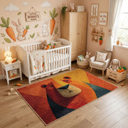 Colorful geometric lion rug styled in a bright nursery