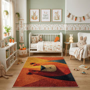 Colorful geometric lion rug shown beside a child's bed