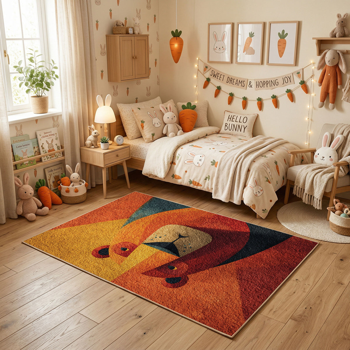 Colorful geometric lion rug centered in a cozy playroom