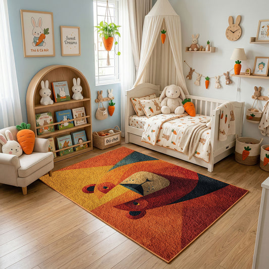 Colorful geometric lion rug displayed in a warm kids bedroom