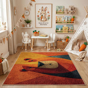 Colorful geometric lion rug angled view with wooden furniture