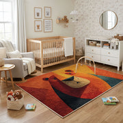 Colorful geometric lion rug shown near a reading corner