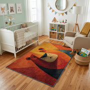 Colorful geometric lion rug styled with soft nursery decor