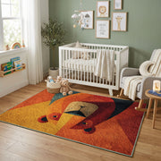 Colorful geometric lion rug displayed in a colorful play space